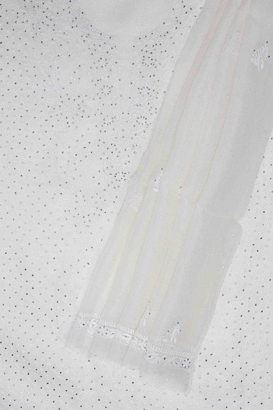 Ada Hand Embroidered Off White Organza Lucknowi Chikan Unstitched Kurta Dupatta With Muqaish Work– A604135