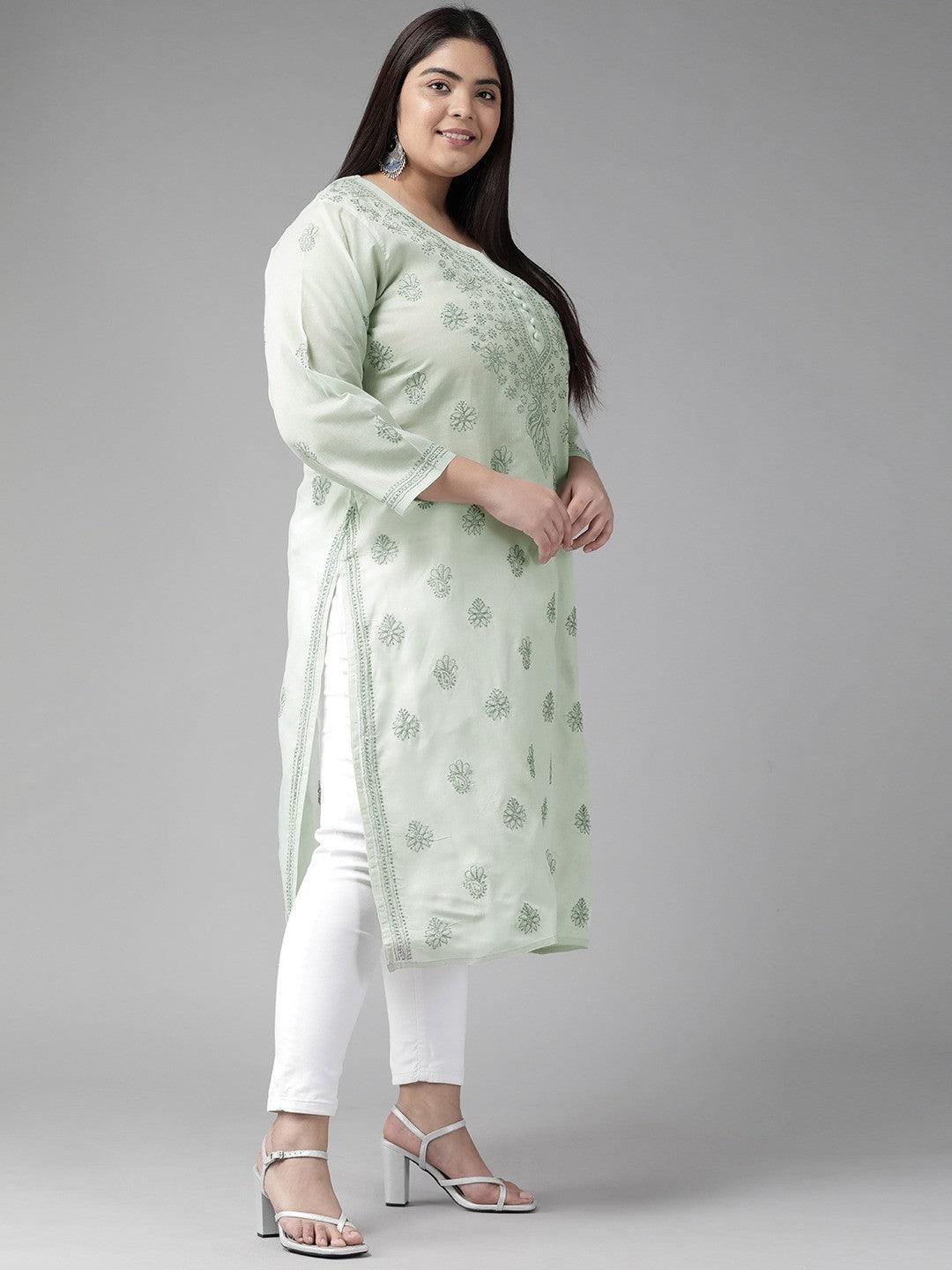 Ada Hand Embroidered Light Grey Cotton Lucknow Chikan Kurta A227152