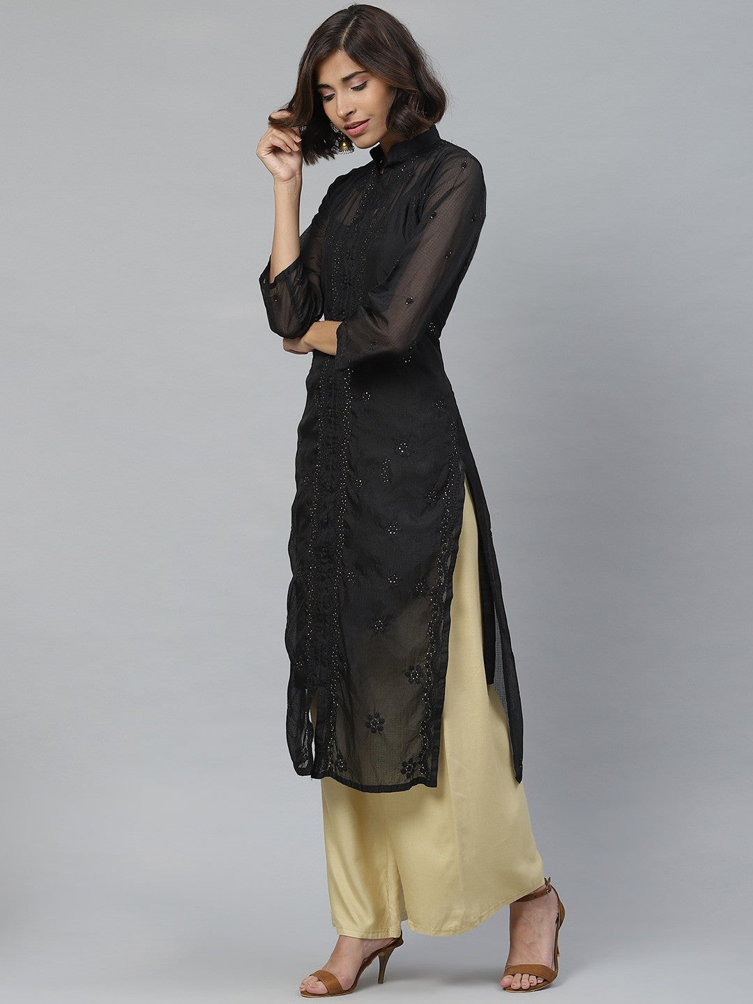 Ada Hand Embroidered Black Kota Lucknowi Chikankari Straight Kurta/Slip with Muqaish Work A411126