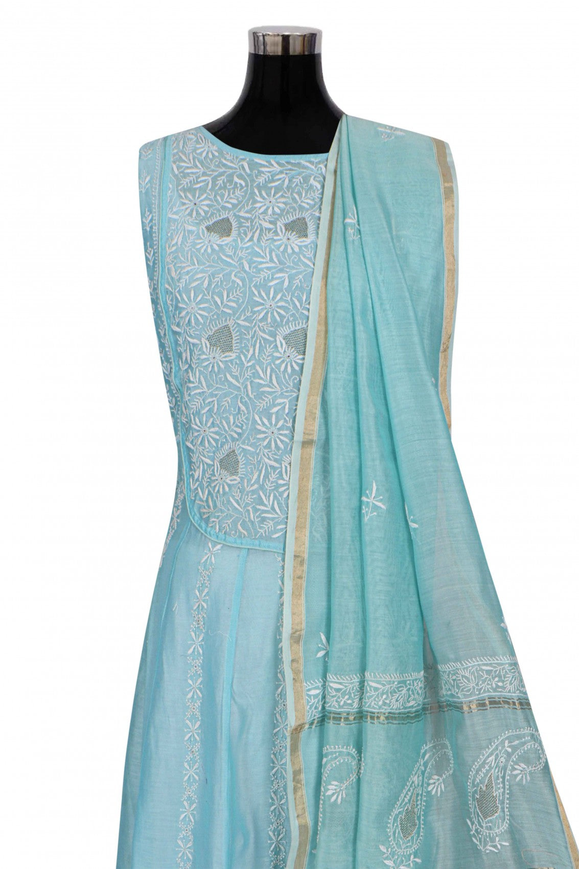 Ada Hand Embroidered Sky Blue Chanderi Lucknowi Chikankari Semi-Stitched Anarkali Kurta Dupatta Set With Zari Work 01A205817