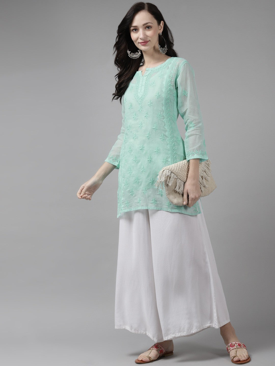 Ada Hand Embroidered Sea Green Kota Lucknow Chikan Kurti With Slip-A911157