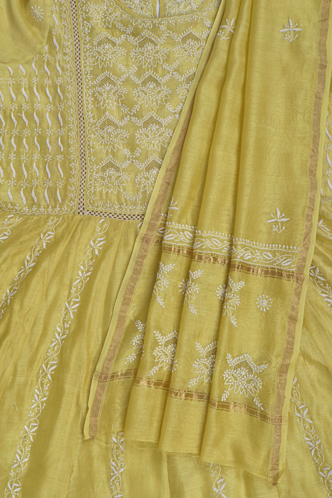 Ada Hand Embroidered Lemon Chanderi Lucknowi Chikankari Semi-Stitched Anarkali Kurta Dupatta Set With Zari Work 01A229767