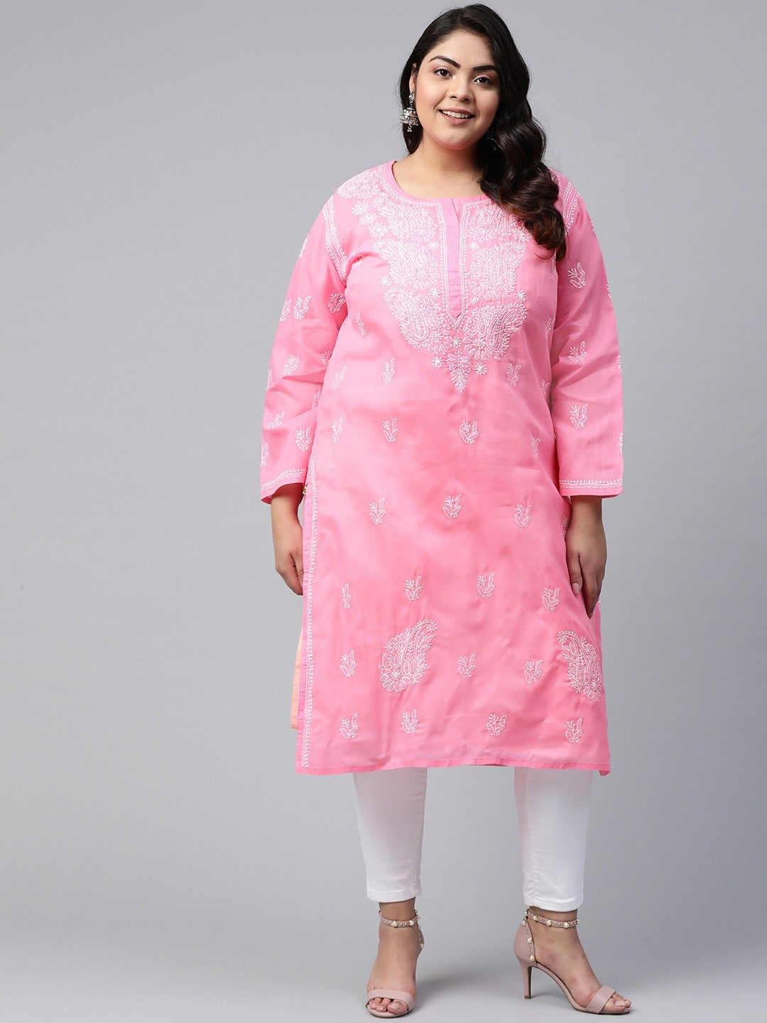 Ada Hand Embroidered Pink Cotton Lucknowi Chikankari Straight Kurta A133537