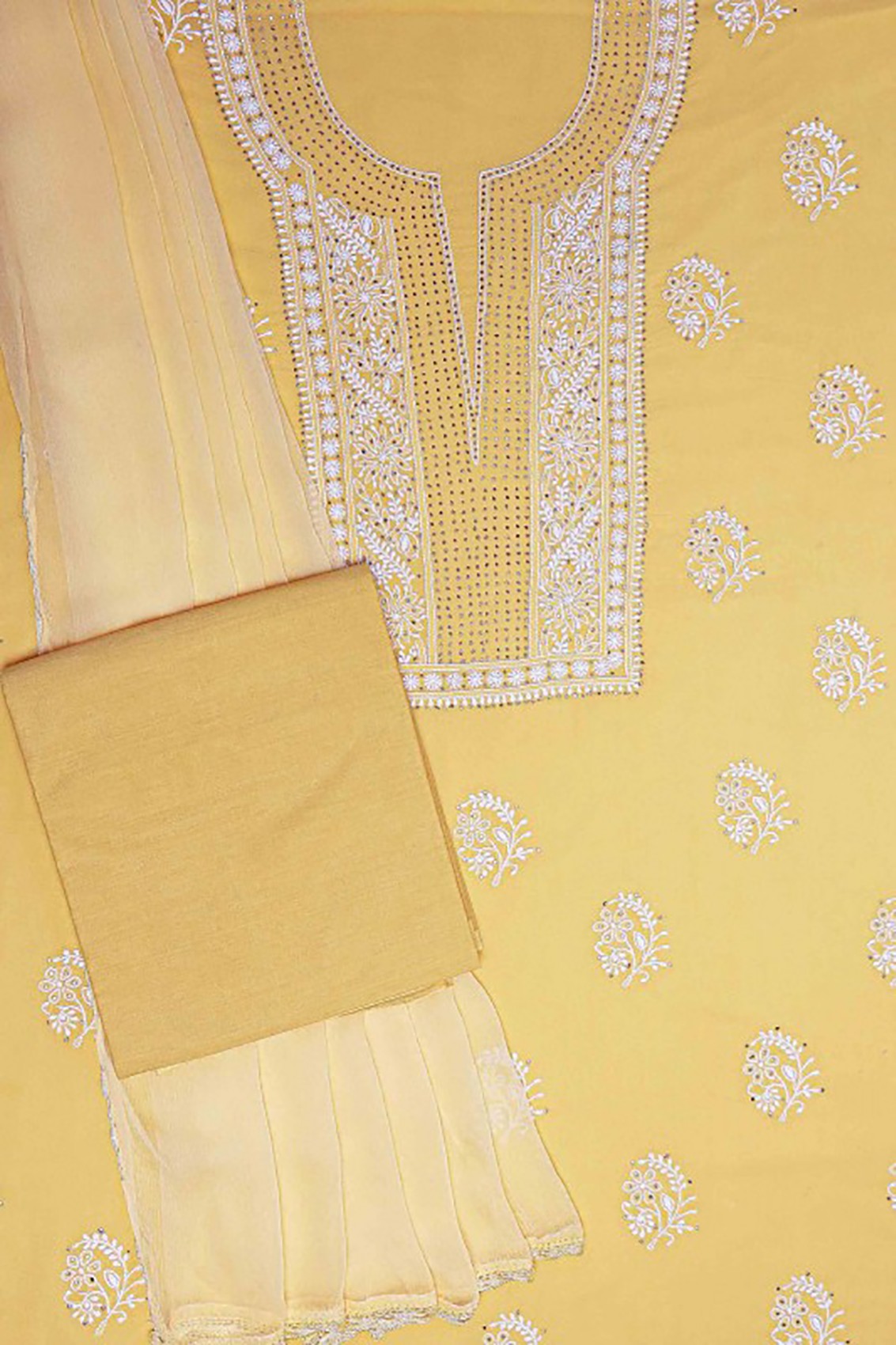 Ada Hand Embroidered Yellow Cotton Lucknowi Chikankari Unstitched Suit Piece With Muqaish Work A577384