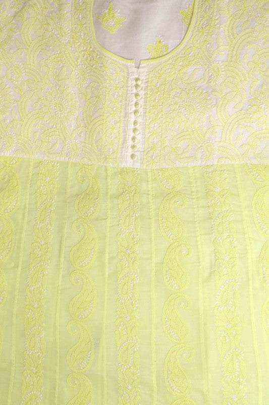 Ada Hand Embroidered Lemon Cotton Lucknowi Chikan Semi-stitched Suit Piece- A579191