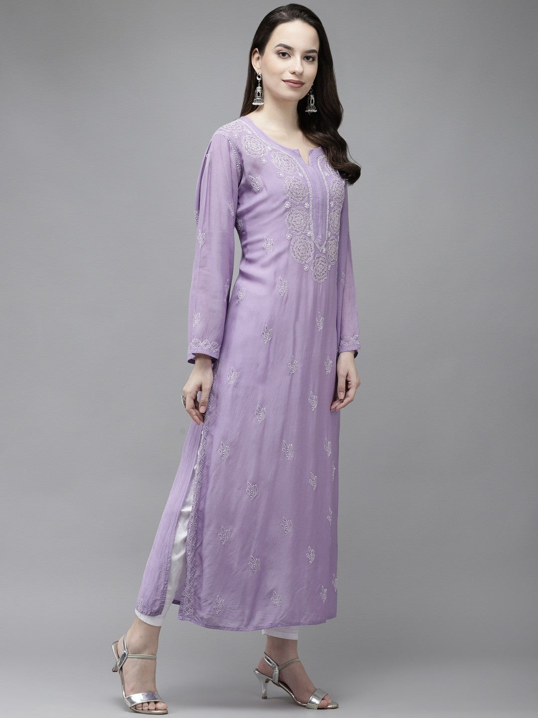 Ada Hand Embroidered Mauve Muslin Lucknowi Chikankari Kurta With Muqaish Work-A411299