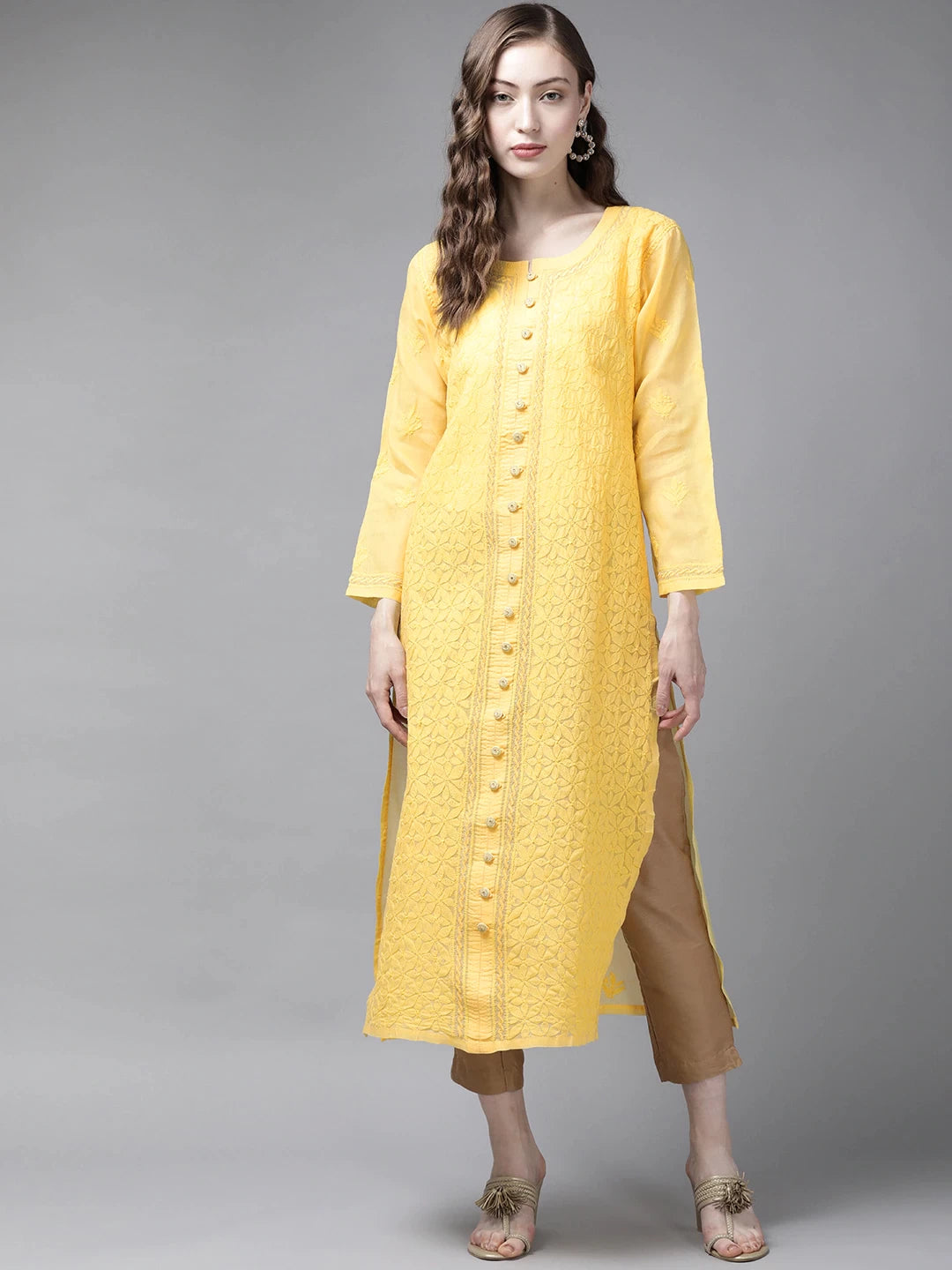 Ada Hand Embroidered Yellow Cotton Lucknow Chikan Straight Kurta A411247