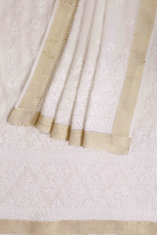 Ada Hand Embroidered White Cotton Lucknowi Chikan Unstitched Kurta Dupatta Set  A502818