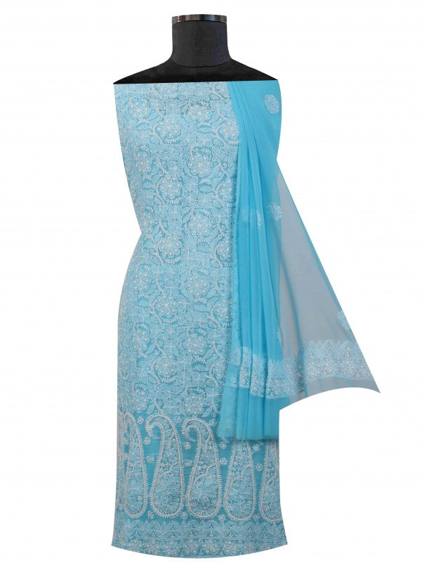 Ada Hand Embroidered Blue Georgette Lucknowi Chikankari Unstitched Suit Piece With Pearl Work 01A54152