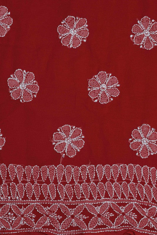 Ada Hand Embroidered Red Georgette Chikan Unstitched Kurta Piece-A315132