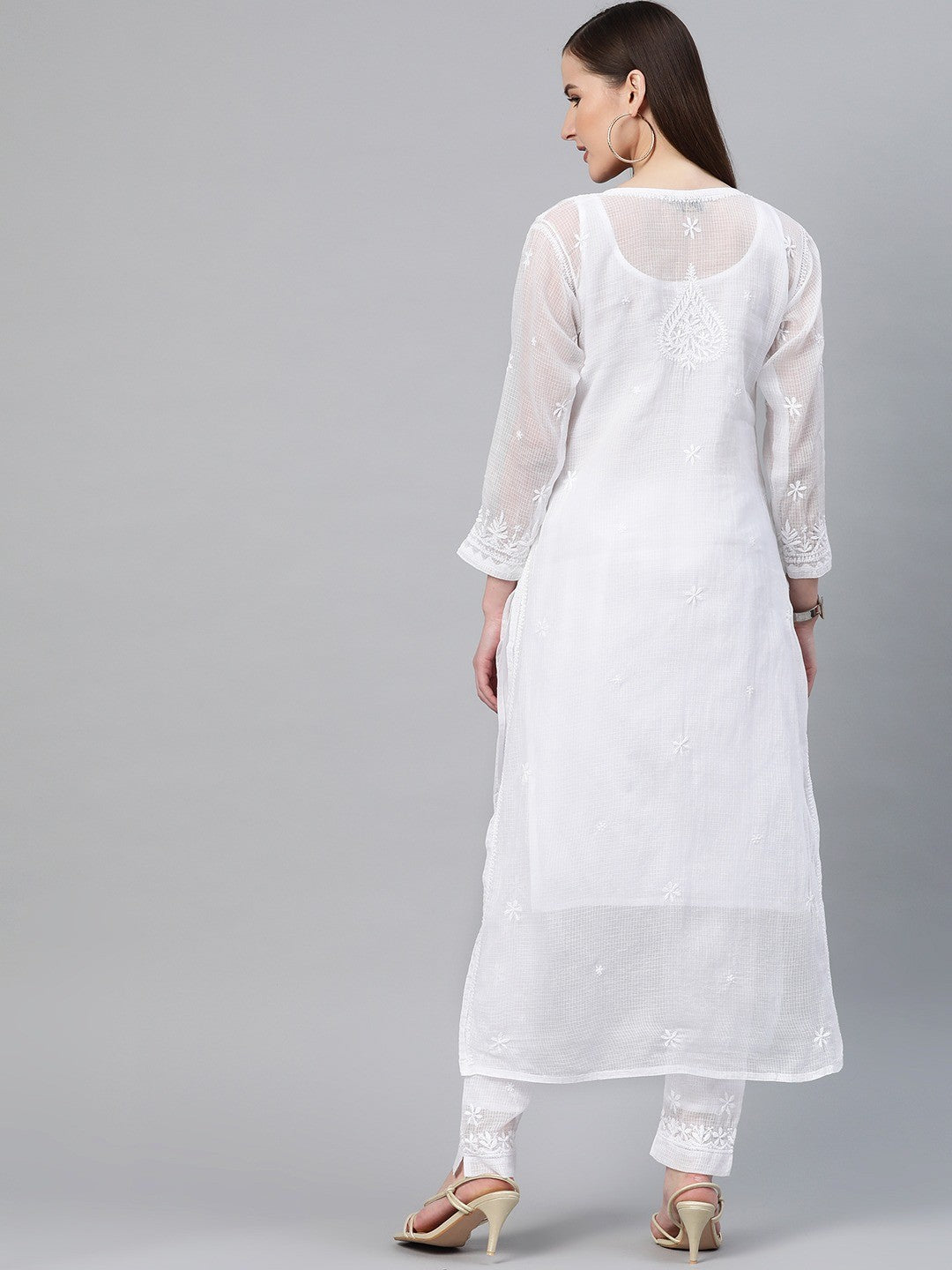Ada Hand Embroidered White Kota Lucknowi Chikankari Kurta Set With Slip A811112