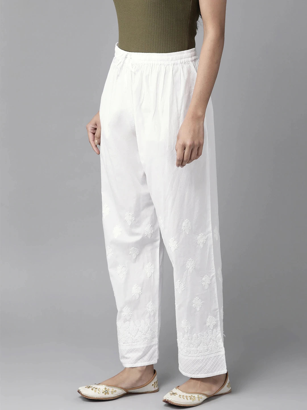 Ada Hand Embroidered White Cotton Lucknowi Chikankari Palazzo A711133