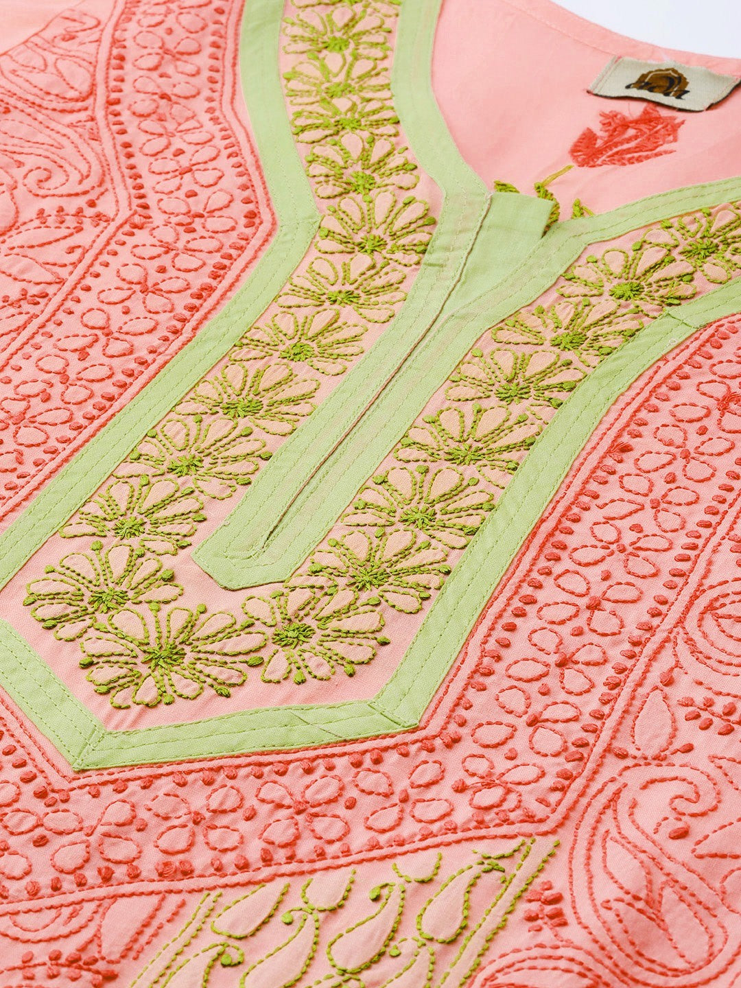 Ada Hand Embroidered Peach Cotton Lucknow Chikan Straight Kurta A273486