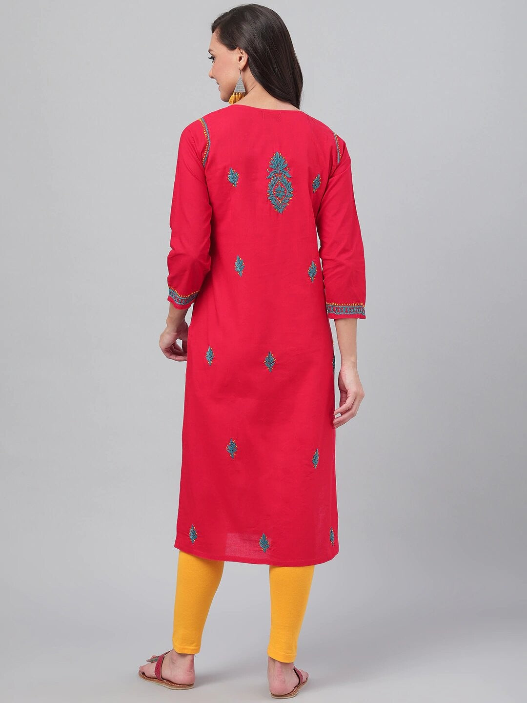 Ada Hand Embroidered Red Cotton Lucknowi Chikankari Straight Kurta A223392