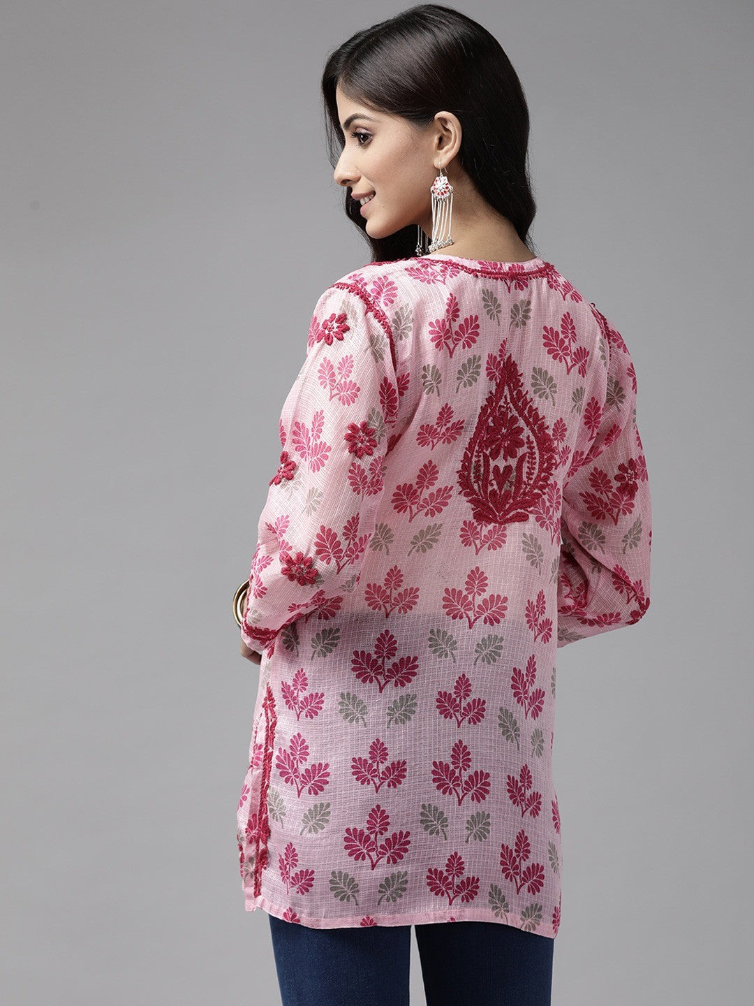ADA Hand Embroidered Pink Kota Lucknowi Chikankari Short Kurti A911142
