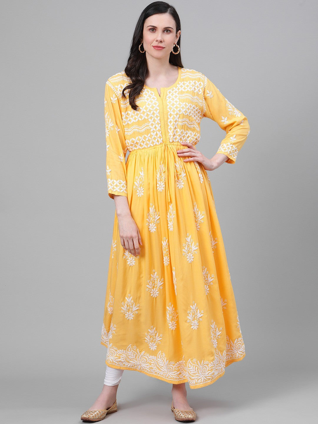 Ada Hand Embroidered Yellow Muslin Lucknow Chikankari Kurta-A411140