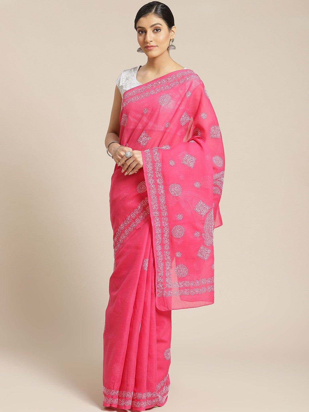 Ada Hand Embroidered Magenta Cotton Lucknow Chikan Saree With Blouse A311183