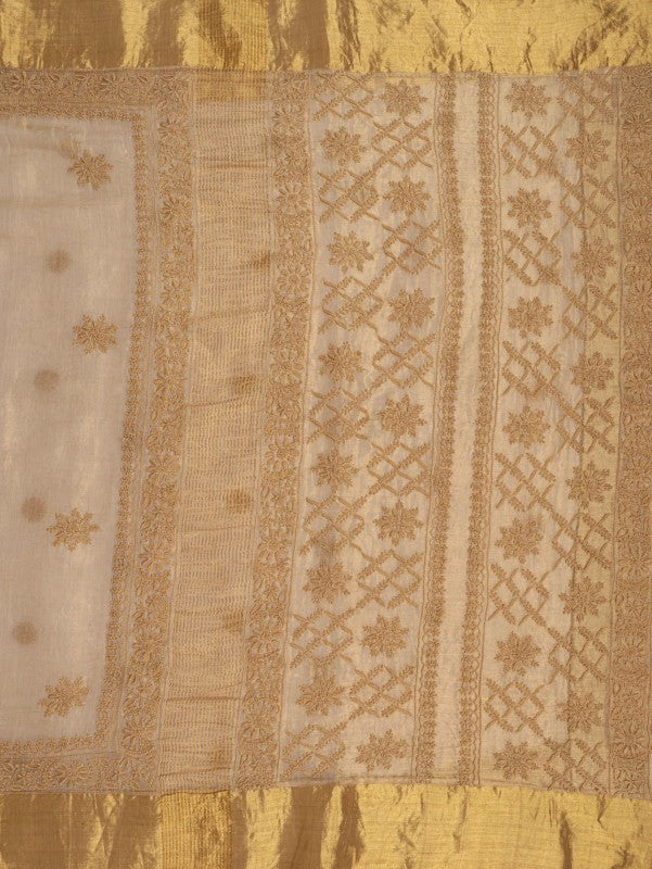 Ada Hand Embroidered Natural Fawn Tissue Lucknowi Chikankari Saree With Blouse A606169