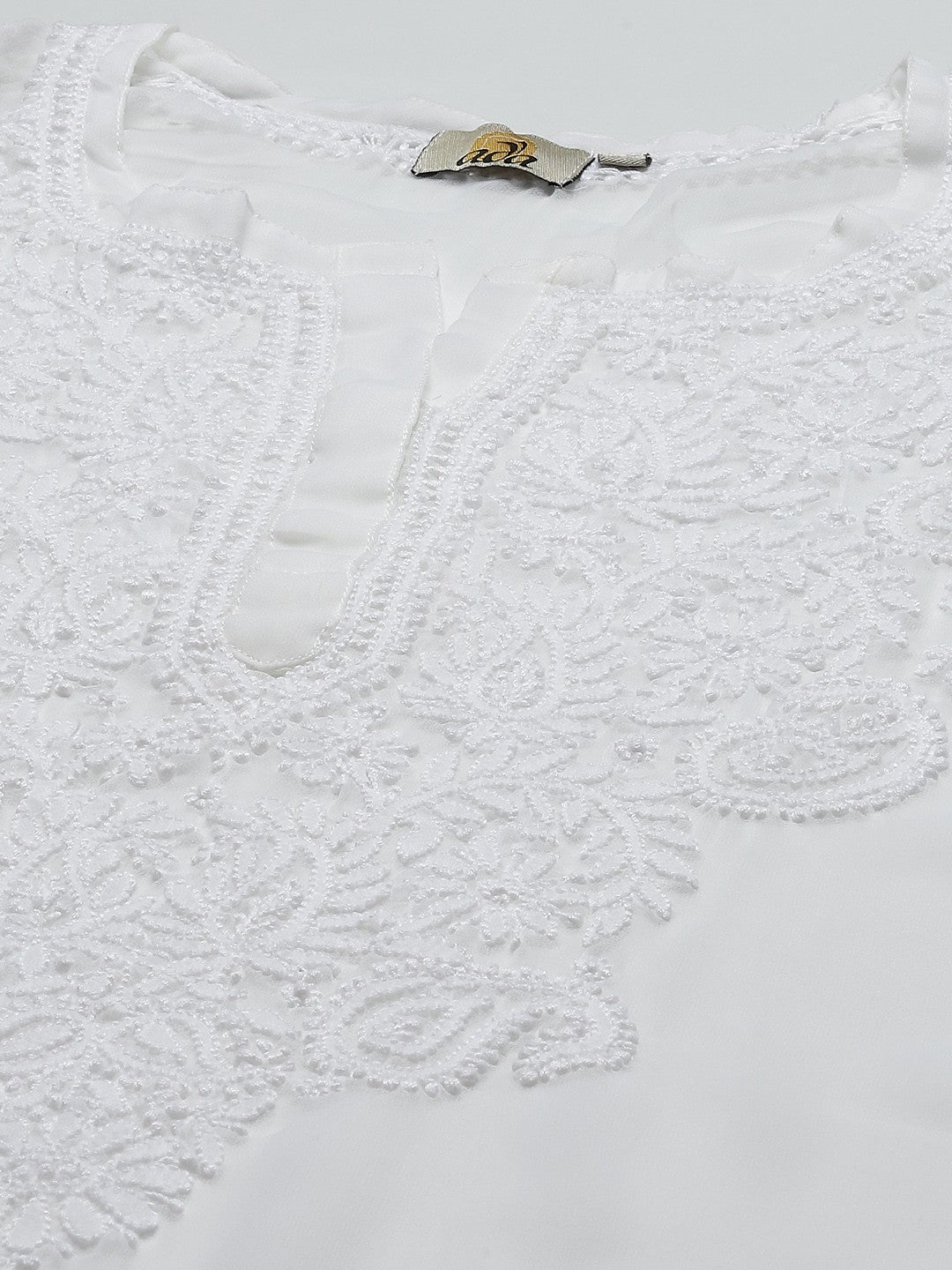 Ada Hand Embroidered White Georgette Lucknow Chikan Straight Kurta With Slip A411296