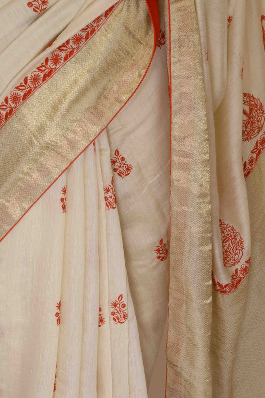 Ada Hand Embroidered Fawn Moonga Silk Lucknowi Chikankari Saree With Blouse-A91762