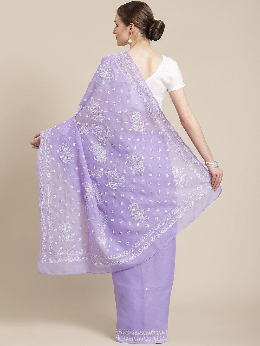 Ada Hand Embroidered Lavender Cotton Lucknow Chikan Saree With Blouse-A311249
