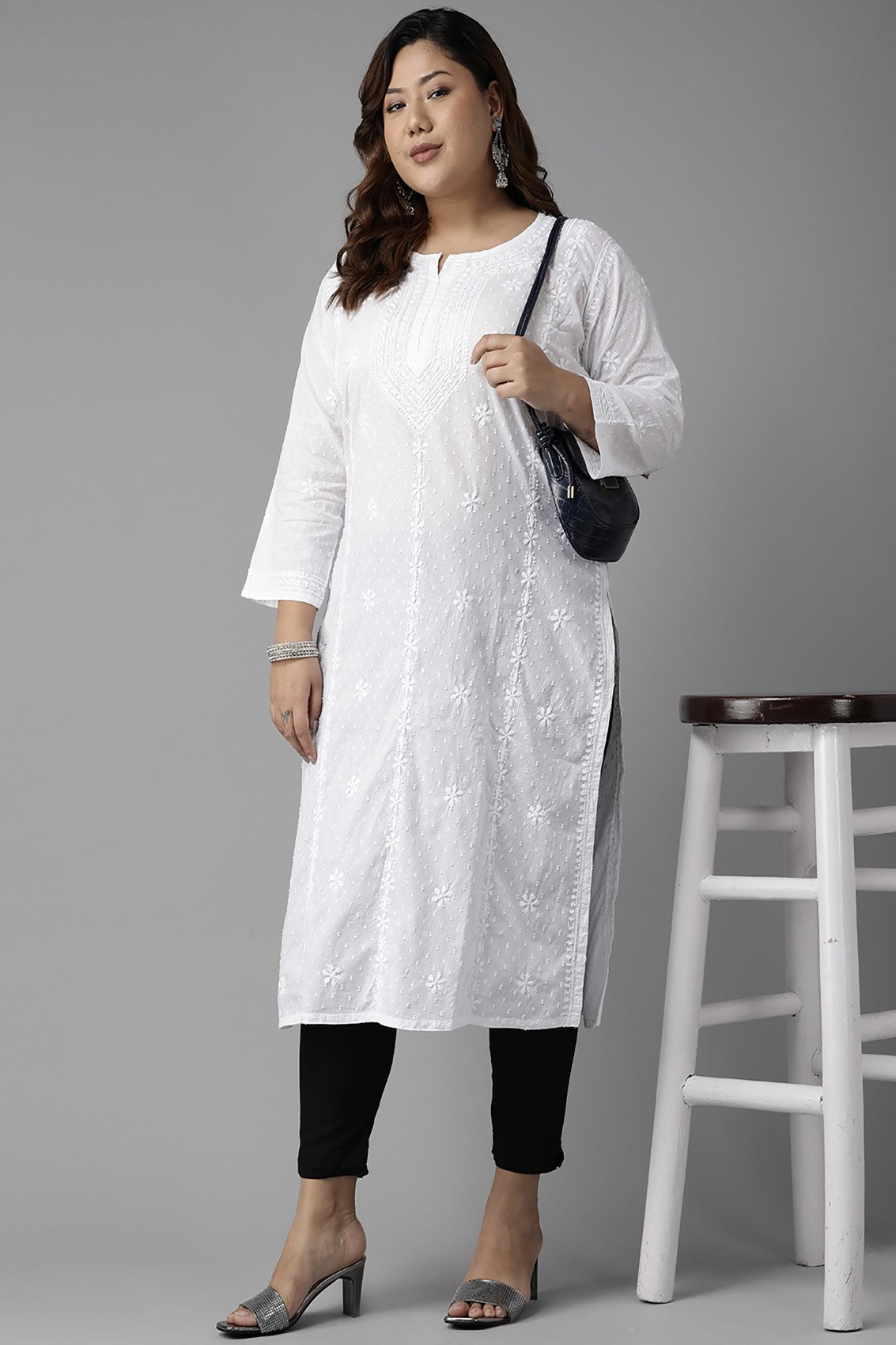 Ada Hand Embroidered White Cotton Lucknow Chikankari Straight Kurta A411323