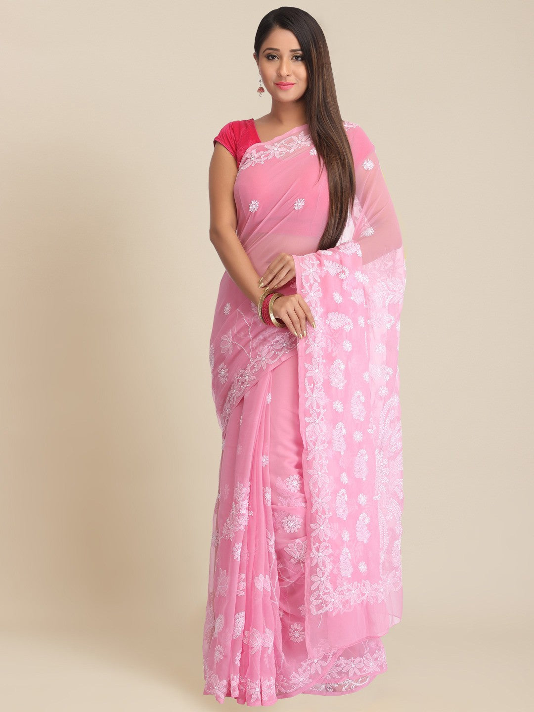 Ada Hand Embroidered Onion Pink Georgette Lucknowi Chikankari Saree with Blouse A129592