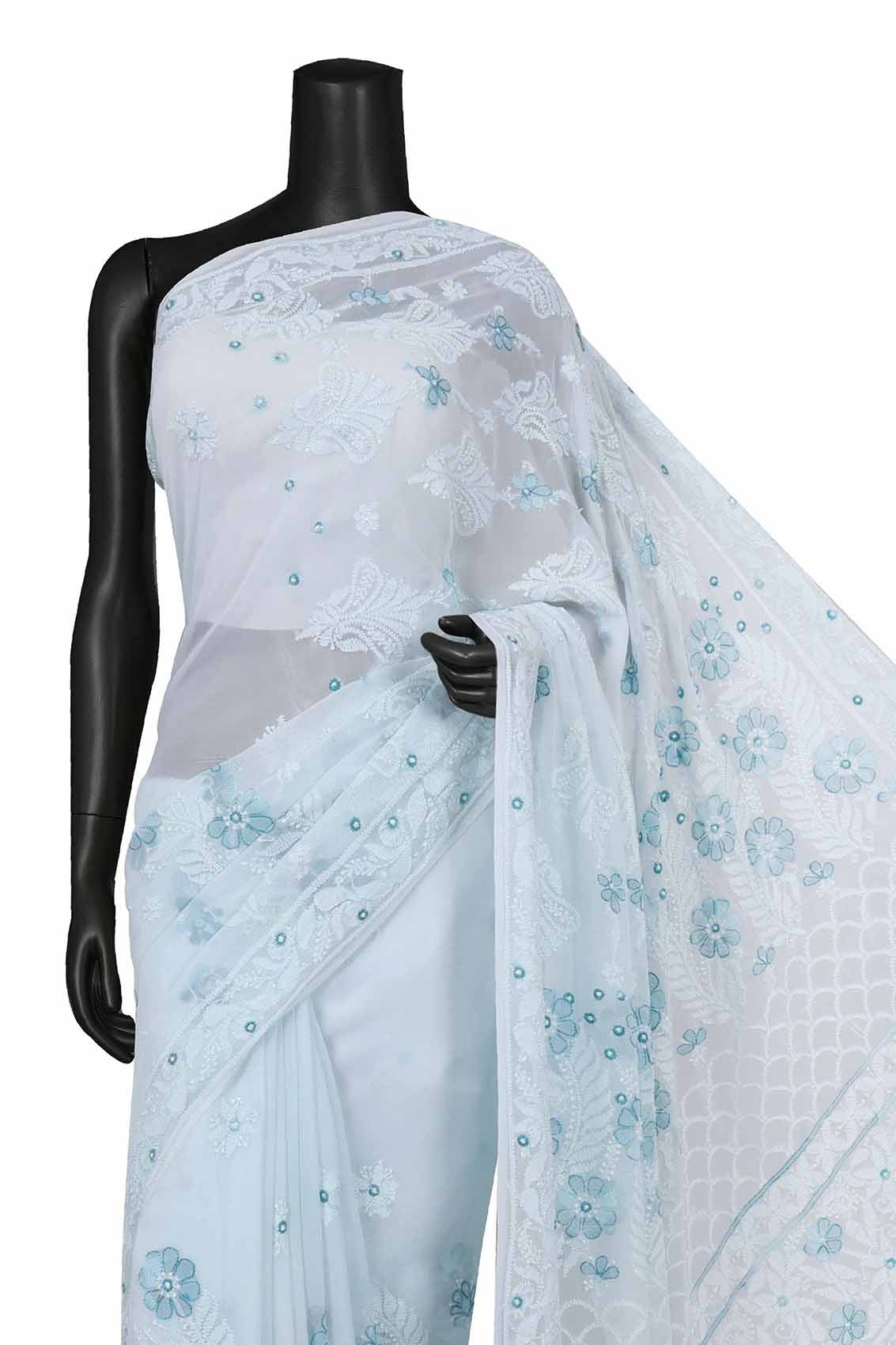 Ada Hand Embroidered White Georgette Lucknowi Chikankari Saree With Blouse A588641