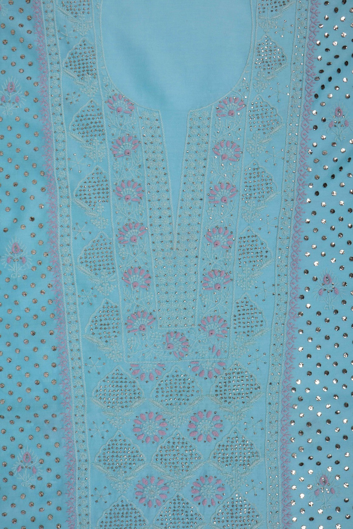 Ada Hand Embroidered Sky Blue Chanderi Lucknowi Chikankari Unstitched Suit Piece With Muqaish Work 01A195541