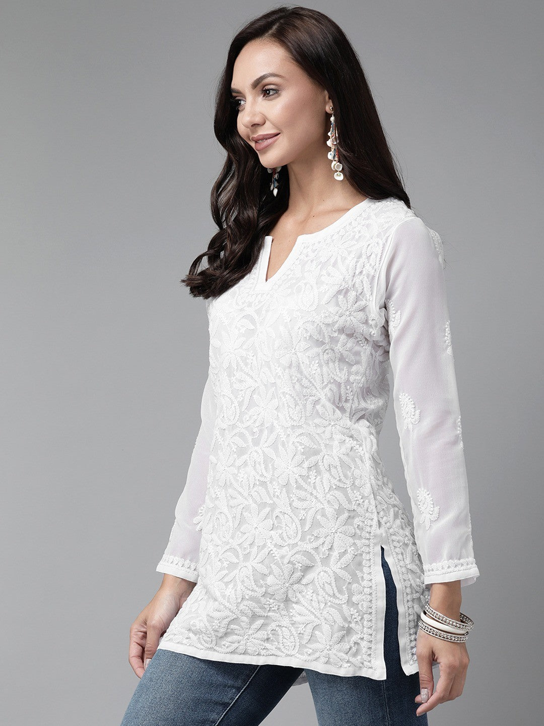 Ada Hand Embroidered White Georgette Lucknowi Chikankari Straight Kurti A911234
