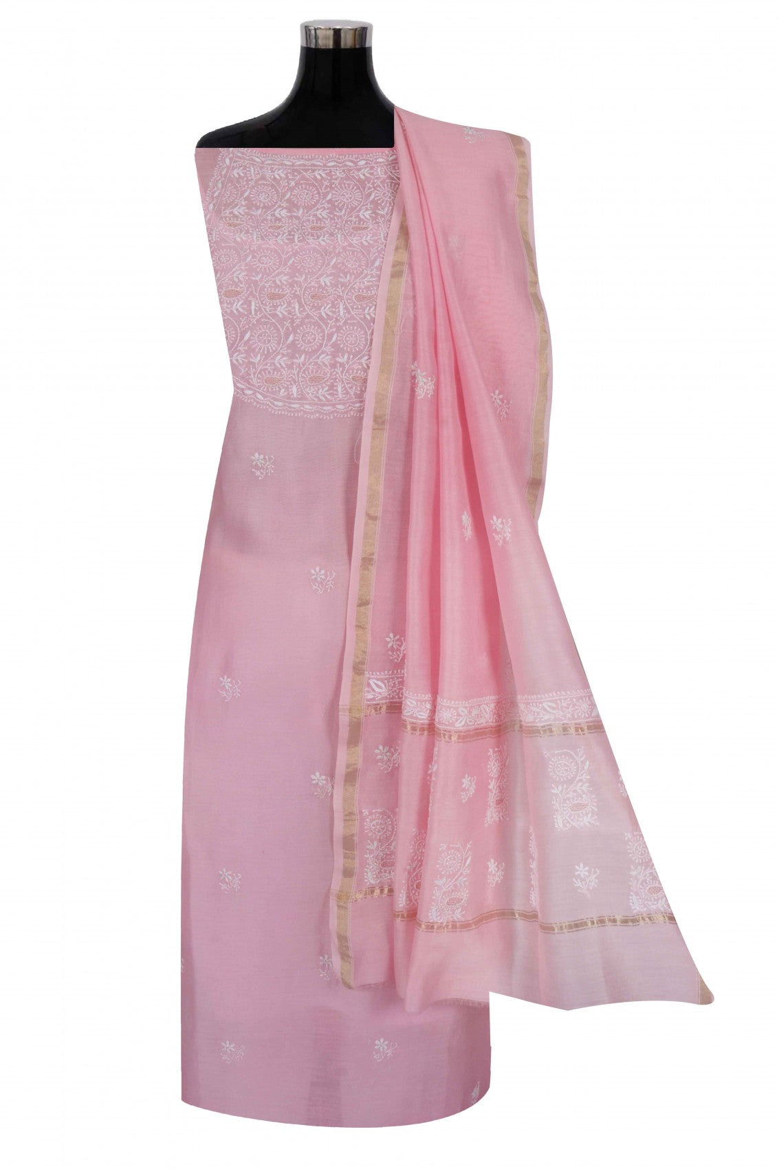Ada Hand Embroidered Powder Pink Chanderi Lucknowi Chikankari Semi-Stitched Anarkali Kurta Dupatta Set 01A248289