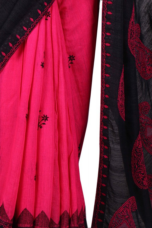 Ada Hand Embroidered Black Dual Shade Ghicha Silk Lucknowi Chikankari Saree With Blouse A49744