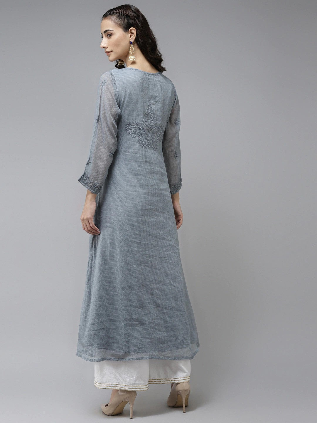 Ada Hand Embroidered Grey Kota Lucknowi Chikankari A-Line Kurta- A411170