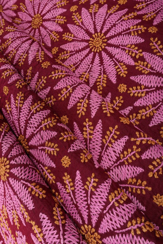 Ada Hand Embroidered Maroon Cotton Lucknowi Chikan Unstitched Suit Piece A44949