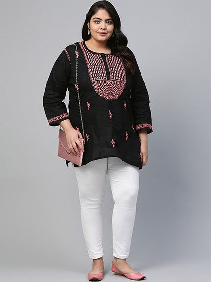 Ada Hand Embroidered Black Cotton Lucknowi Chikankari Straight Kurti A911112
