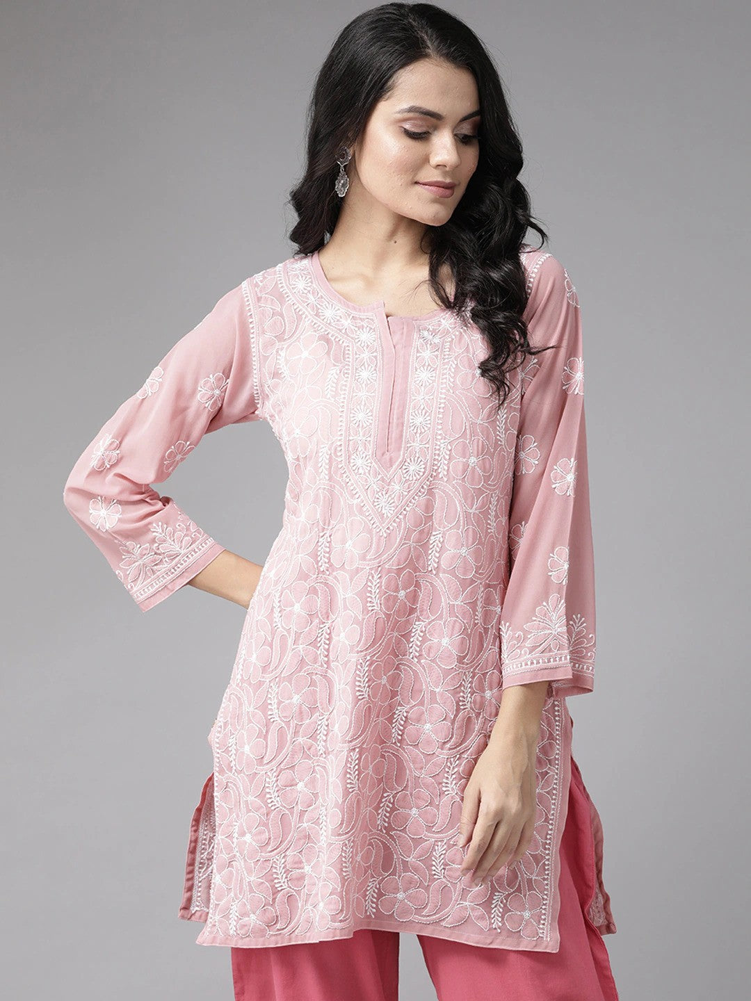 Ada Hand Embroidered Onion Pink Georgette Lucknowi Chikankari Short Kurti A911123