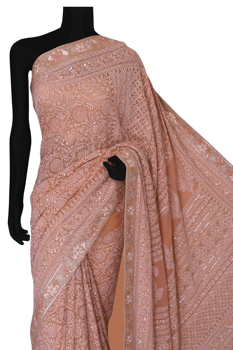 Ada Hand Embroidered Peach Pure Georgette Lucknowi Chikankari Saree/Blouse With Pearl & Sequinned Work -A230256