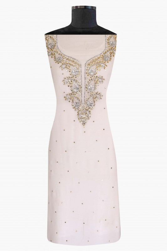 Ada Hand Embroidered White Georgette Lucknowi Chikan Unstitched Kurta Piece with Muqaish Work A508948