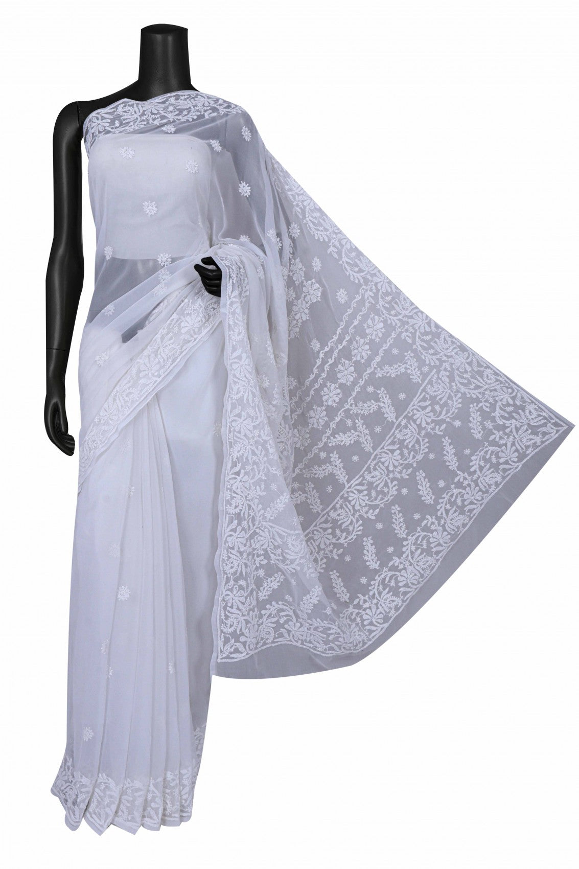 Ada Hand Embroidered White Georgette Lucknowi Chikankari Saree With Blouse A239320