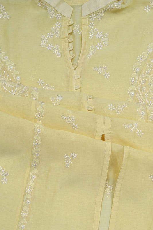 Ada Hand Embroidered Lemon Chanderi Lucknowi Chikankari Semi-Stitched Anarkali Kurta Dupatta Set 01A22105