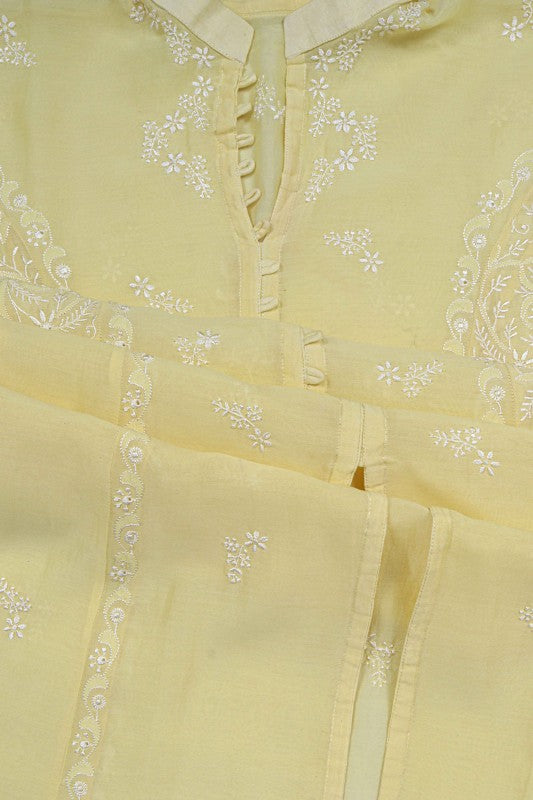 Ada Hand Embroidered Lemon Chanderi Lucknowi Chikankari Semi-Stitched Anarkali Kurta Dupatta Set 01A22105
