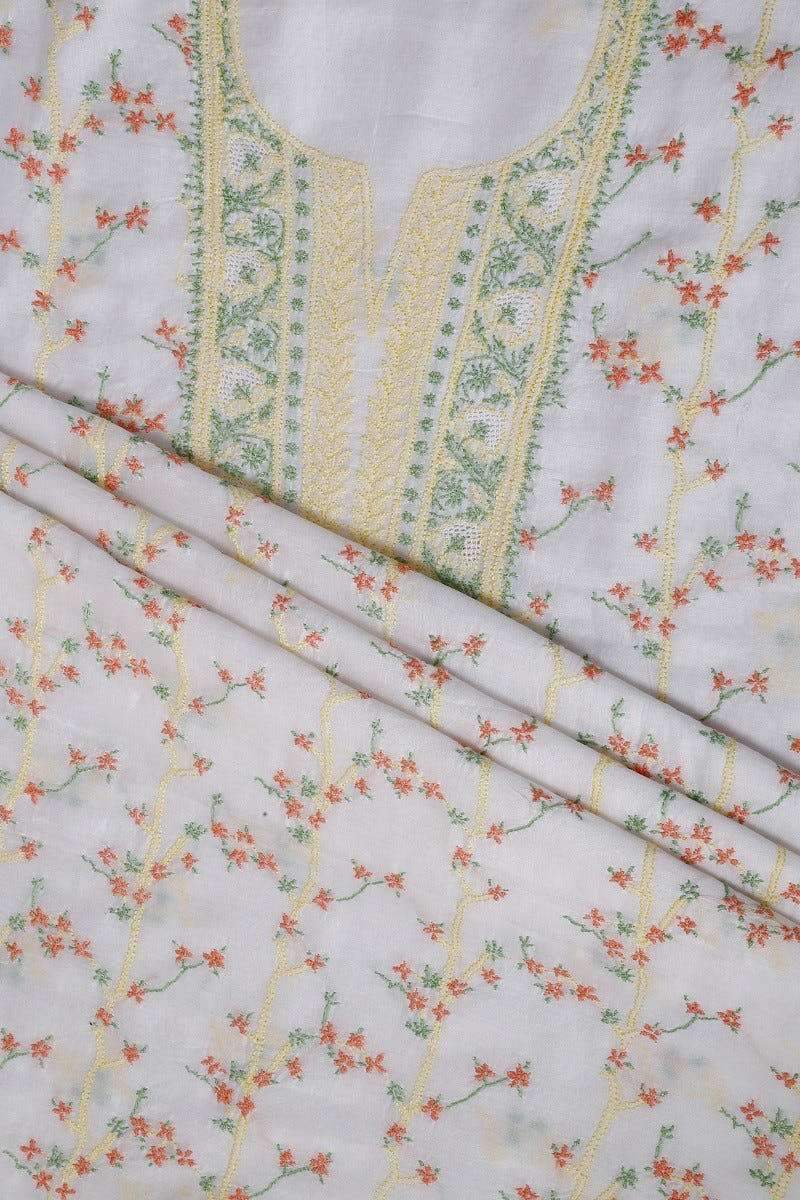 Ada Hand Embroidered White Chanderi Lucknowi Chikan Unstitched Kurta Dupatta A609922