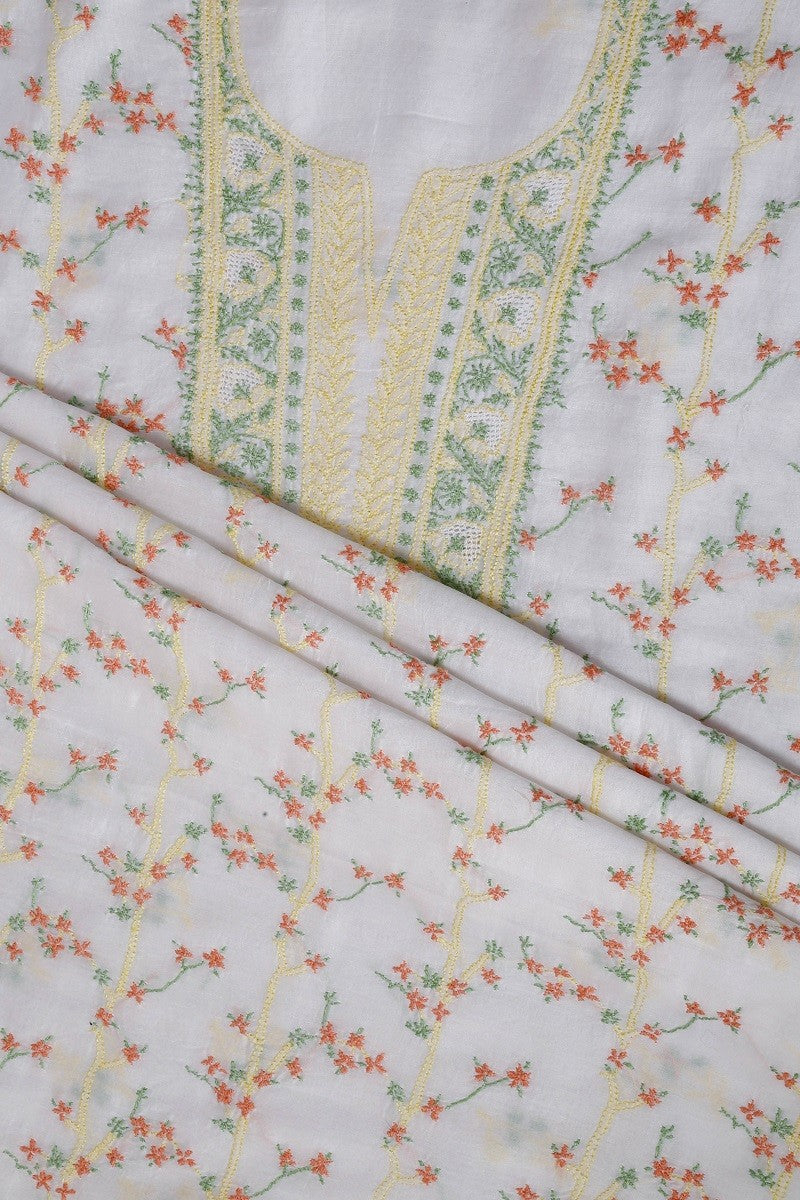 Ada Hand Embroidered White Chanderi Lucknowi Chikan Unstitched Kurta Dupatta A609922