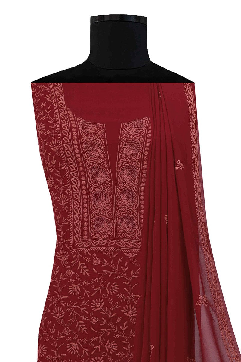 Ada Hand Embroidered Maroon Pure Georgette Lucknowi Chikan Unstitched Kurta Dupatta Set A511814