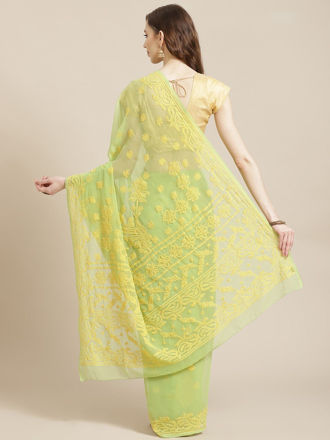 Ada Hand Embroidered Green Georgette Lucknow Chikan Saree With Blouse A311198