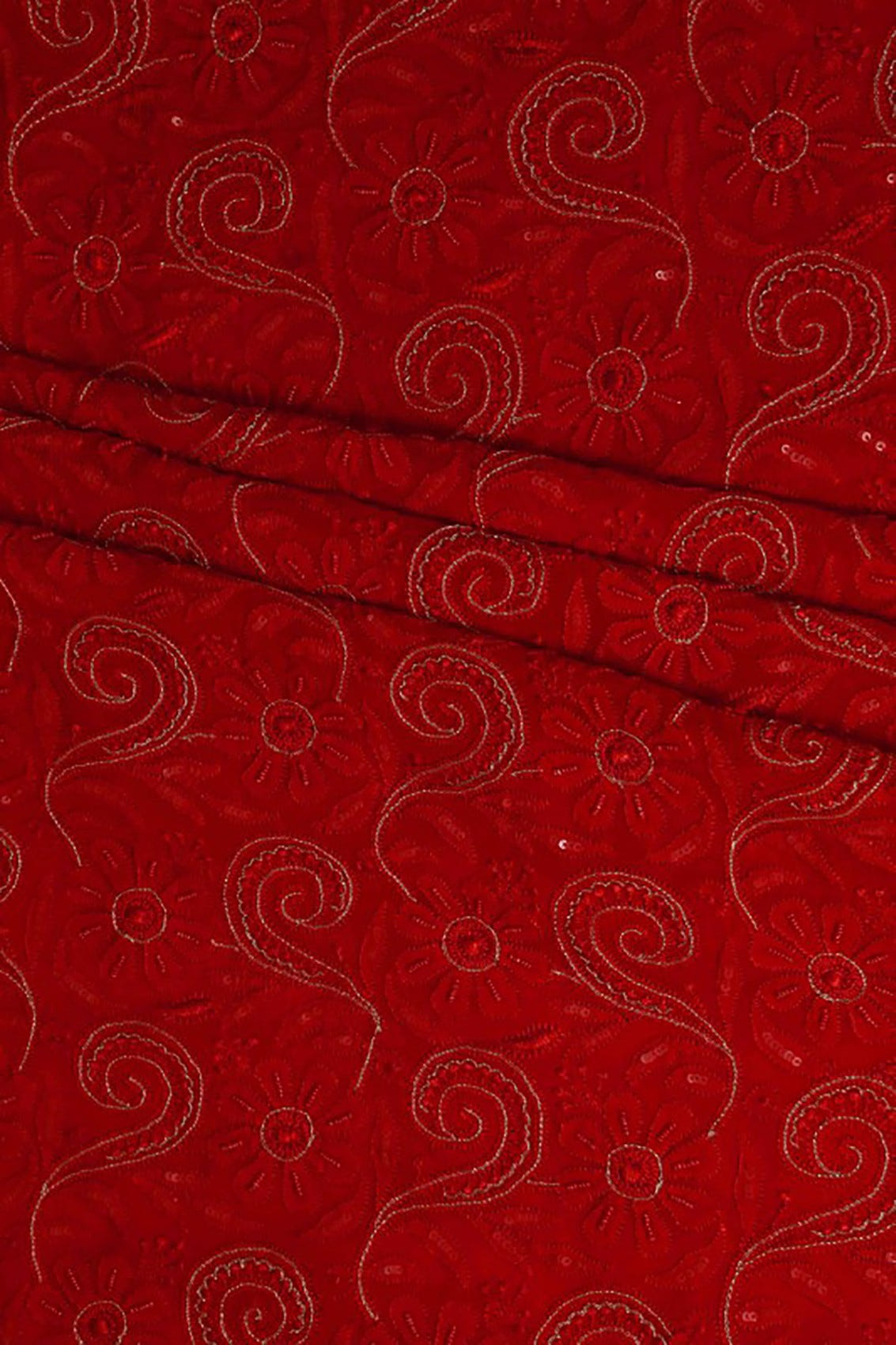 Ada Hand Embroidered Red Georgette Lucknowi Chikankari Unstitched Kurta Dupatta Set With Pearl & Sequinned work A611696