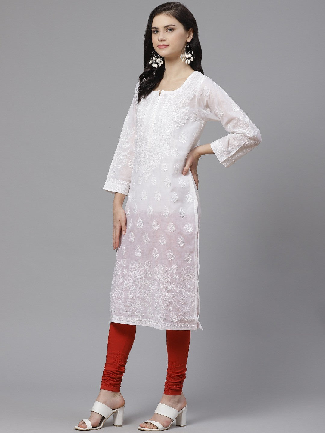 Ada Hand Embroidered White Cotton Lucknowi Chikankari Straight Kurta With Churidar Set A100550