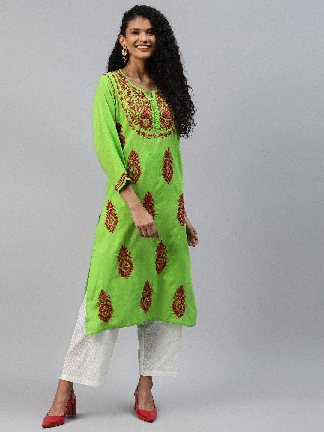 Ada Hand Embroidered Green Cotton Lucknowi Chikankari Straight Kurta-A174385