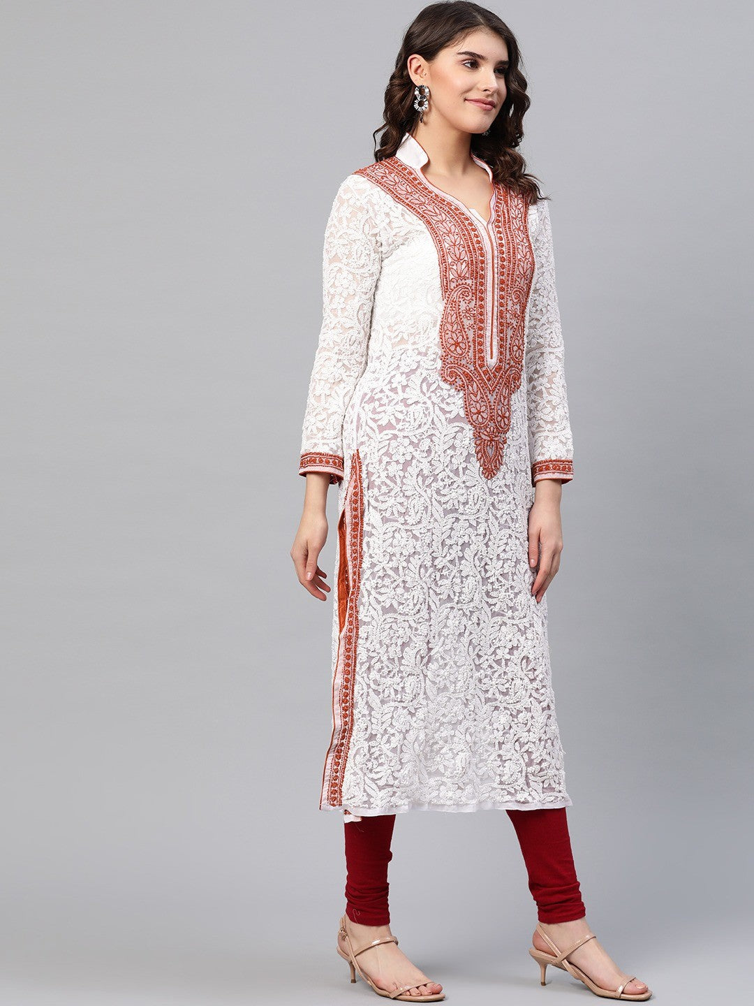 Ada Hand Embroidered White Georgette Lucknow Chikan Kurta A237423