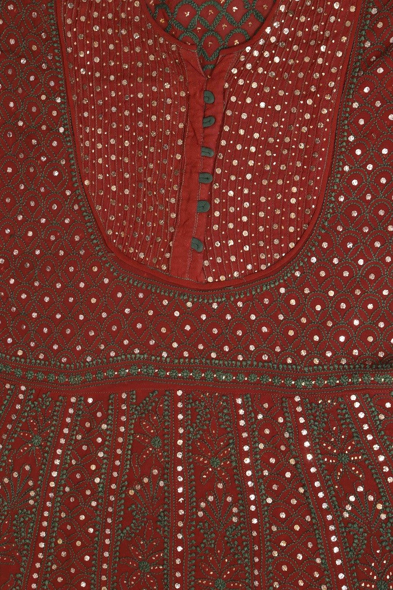 Ada Hand Embroidered Maroon Pure Georgette Lucknowi Chikan Semi-stitched Anarkali Kurta Dupatta Set with Muqaish Work A607991